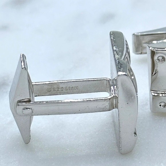 925 Silver Trim & 14K Gold Center Rectangle Elegant Formal Whale Back Cufflinks - Picture 9 of 10